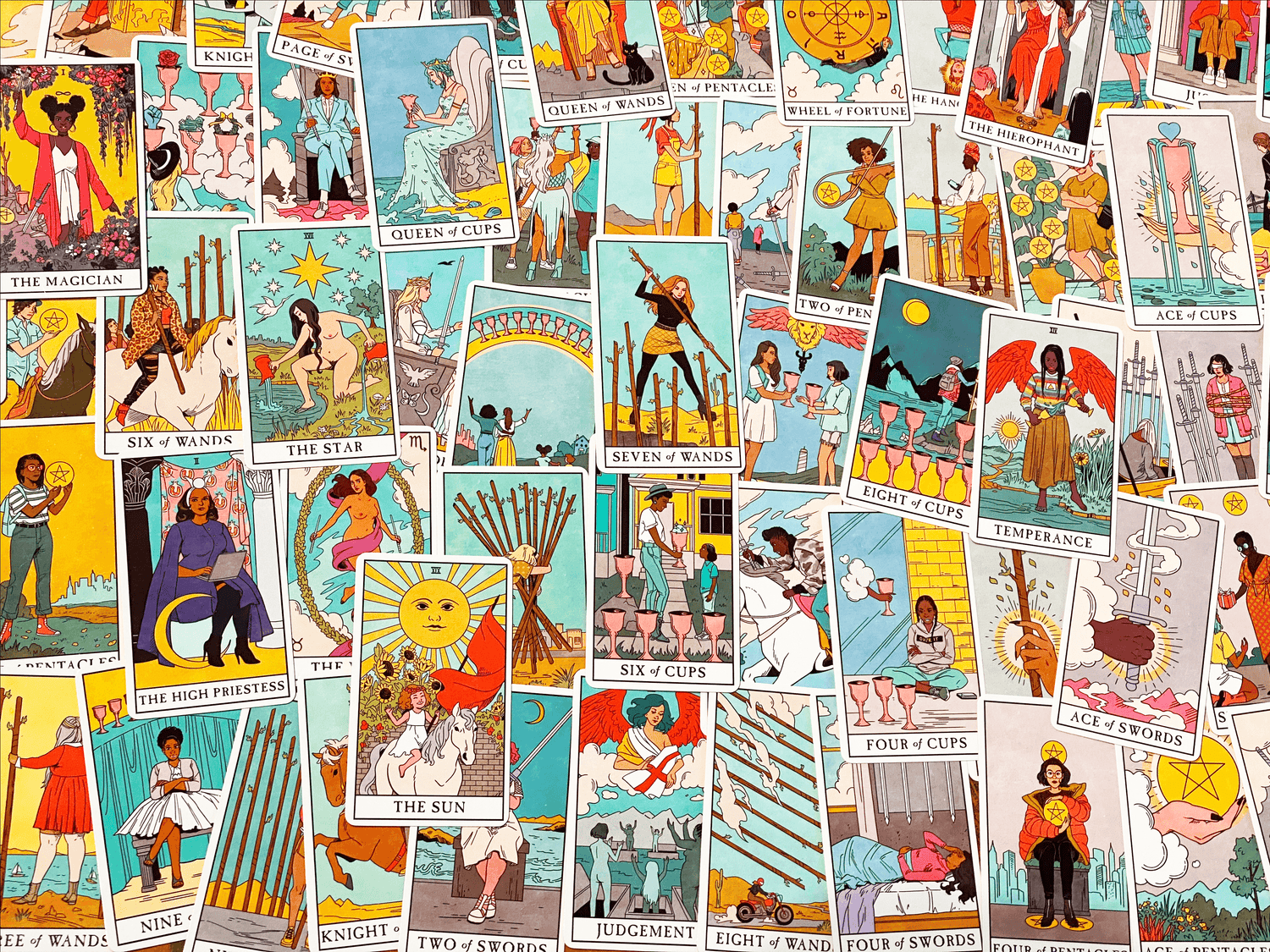 Image of Modern Witch Tarot Cards spread across the screen, at the Psychic Sister Portland Location.