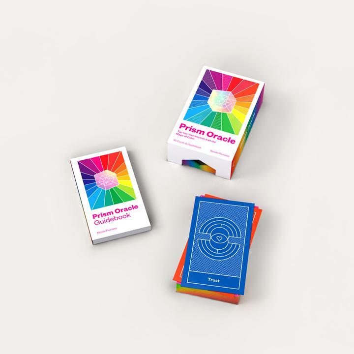 Cover art of Prism Oracle Deck with various cards from the collection and booklet.