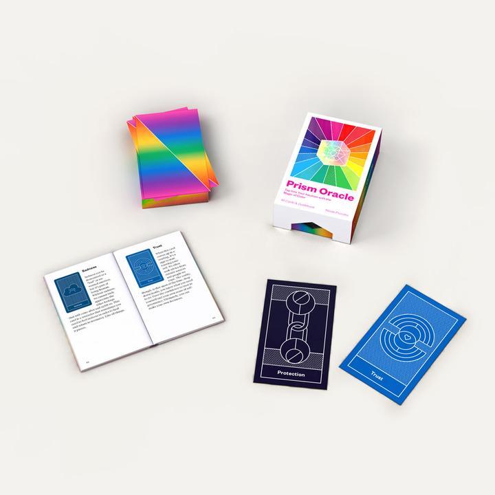 Cover art of Prism Oracle Deck with various cards from the collection and booklet.