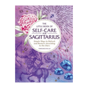 The Little Book of Self-Care for Sagittarius book cover by Constance Stellas, featuring a purple and lavender background with an illustration of a centaur, a pink peony, blue gemstones, and gold stars.