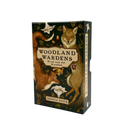 Woodland Wardens 50-card oracle deck and guidebook box by Jessica Roux, featuring vintage-style illustrations of foxes and woodland motifs on a dark green background.