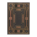 A rectangular black book with ornate gold and red decorative border detailing