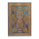 A rectangular notebook with an ornate traditional patterned cover in blue and gold, used for journaling 
