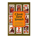 Tarot card spread guide book titled 'Classic Tarot Spreads' by Sandor Konraad, featuring an orange central title panel surrounded by eight illustrated tarot cards on an olive green background.