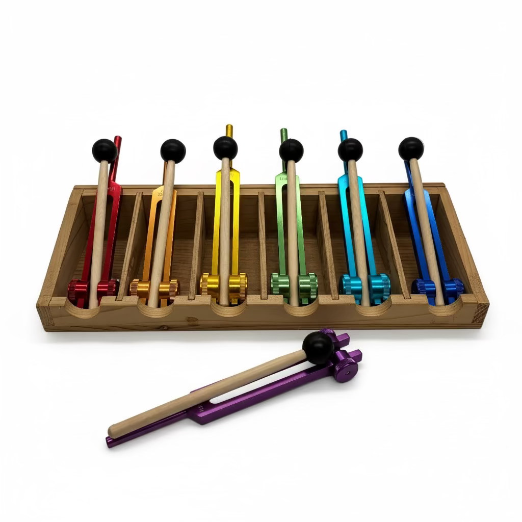 Set of colorful mallets in a wooden holder on a white background