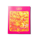 A square pink book or magazine cover titled 'LEO' with a large marbled yellow, orange, and pink abstract artwork in the center, photographed on a clean white background.