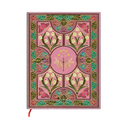 A hardcover notebook with an ornate Art Nouveau style cover featuring pink, green, and gold botanical patterns, complete with a red ribbon bookmark.