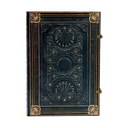 A dark navy blue embossed leather journal with ornate gold detailing, corner accents, and a side clasp closure, shown on a clean white background.