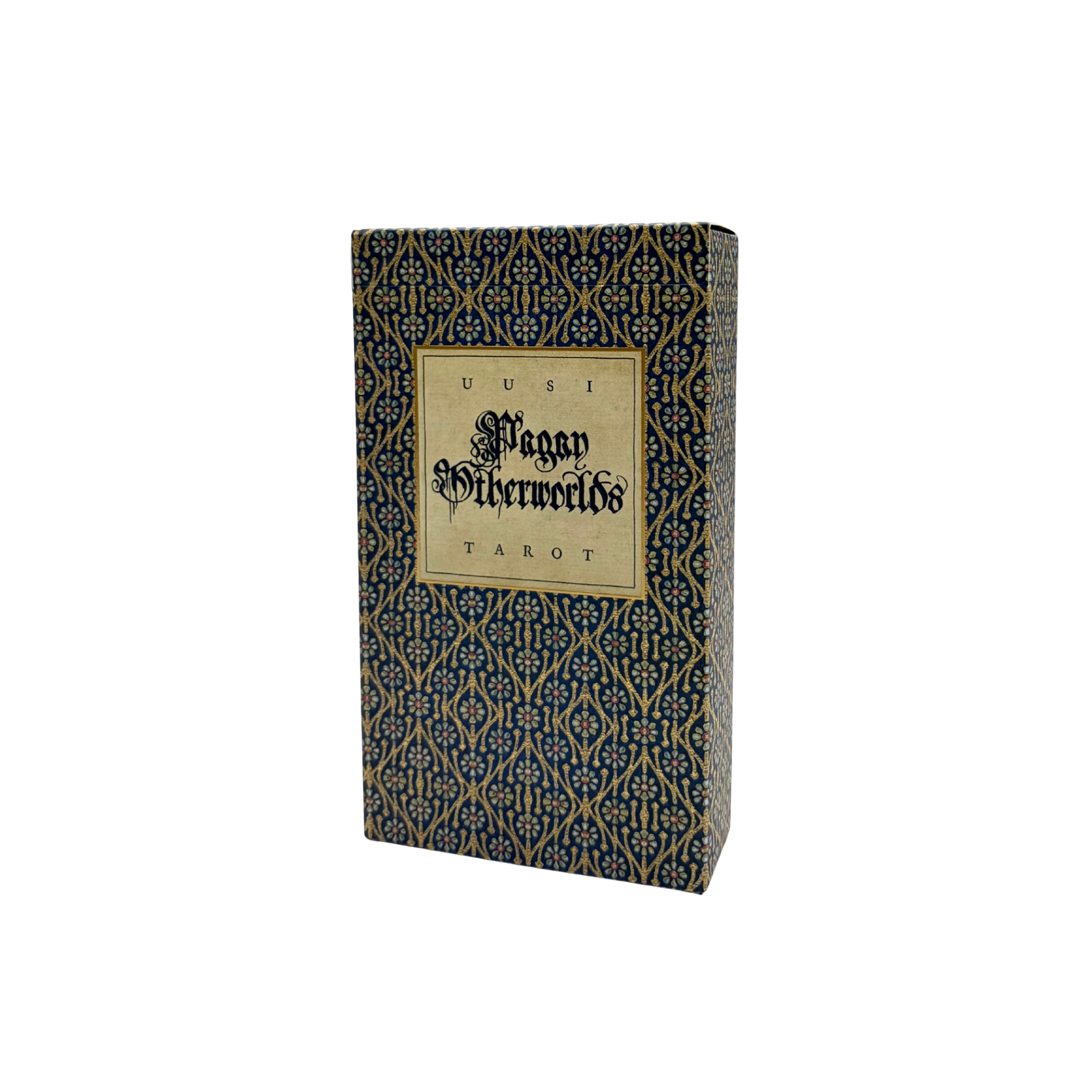 A box of Uusi Pegan Otherworlds Tarot cards, featuring a dark navy blue and gold ornate pattern with a central beige label.