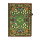 A hardcover journal with an intricate Arts and Crafts style floral pattern in green, gold, orange, pink, and blue, featuring a small metal clasp on the right side.