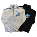 Gray and black quarter-zip sweatshirts with a logo on a white background