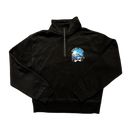 Black quarter-zip sweatshirt with a mountain graphic on a white background