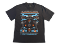 A black short-sleeve graphic t-shirt featuring a colorful design with the word 'SACITTARIUS' at the top, illustrated figures, a UFO, and the text 'WHERE'S THAT HIGHER LOVE I KEEP THINKING OF?' at the bottom.