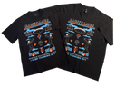 Two black short-sleeve graphic T-shirts shown overlapping on a plain white background. The shirts feature a colorful front print with the word 'BACCHITARIUS' at the top, illustrated figures, a UFO, smoke, and the phrase 'WHERE'S THAT HIGHER LOVE I KEEP THINKING OFF.