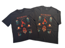 Two black short-sleeve graphic T-shirts laid flat on a white background, featuring a Scorpio-themed multicolor print with a scorpion, apple, snake, and other astrological motifs.