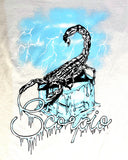 Scorpio zodiac sign with a blue background and lightning effects on a textured surface.