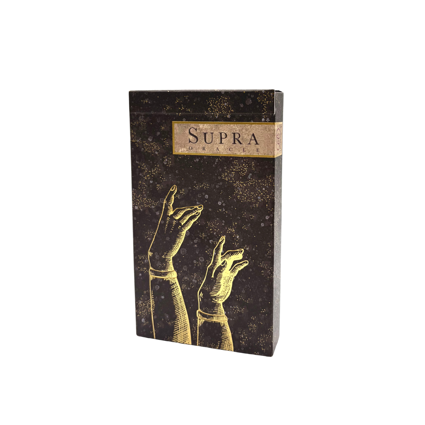 A rectangular product box for 'SUPRA ORACALE' stands upright against a plain white background. The box is dark brown with gold glitter-like speckles, a gold band near the top, and an illustration of two raised hands in gold on the front.
