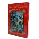 The Tantric Dakini Oracle card deck box, featuring a vibrant red cover with gold lettering and a central colorful illustration of a tree of life surrounded by flowers and cards, set against a plain white background.