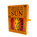 The Oracle of the Radiant Sun card deck box by Caroline Smith and John Astrop, featuring a golden-orange wooden box with black text and a central red and yellow sun illustration, shown on a plain white background.