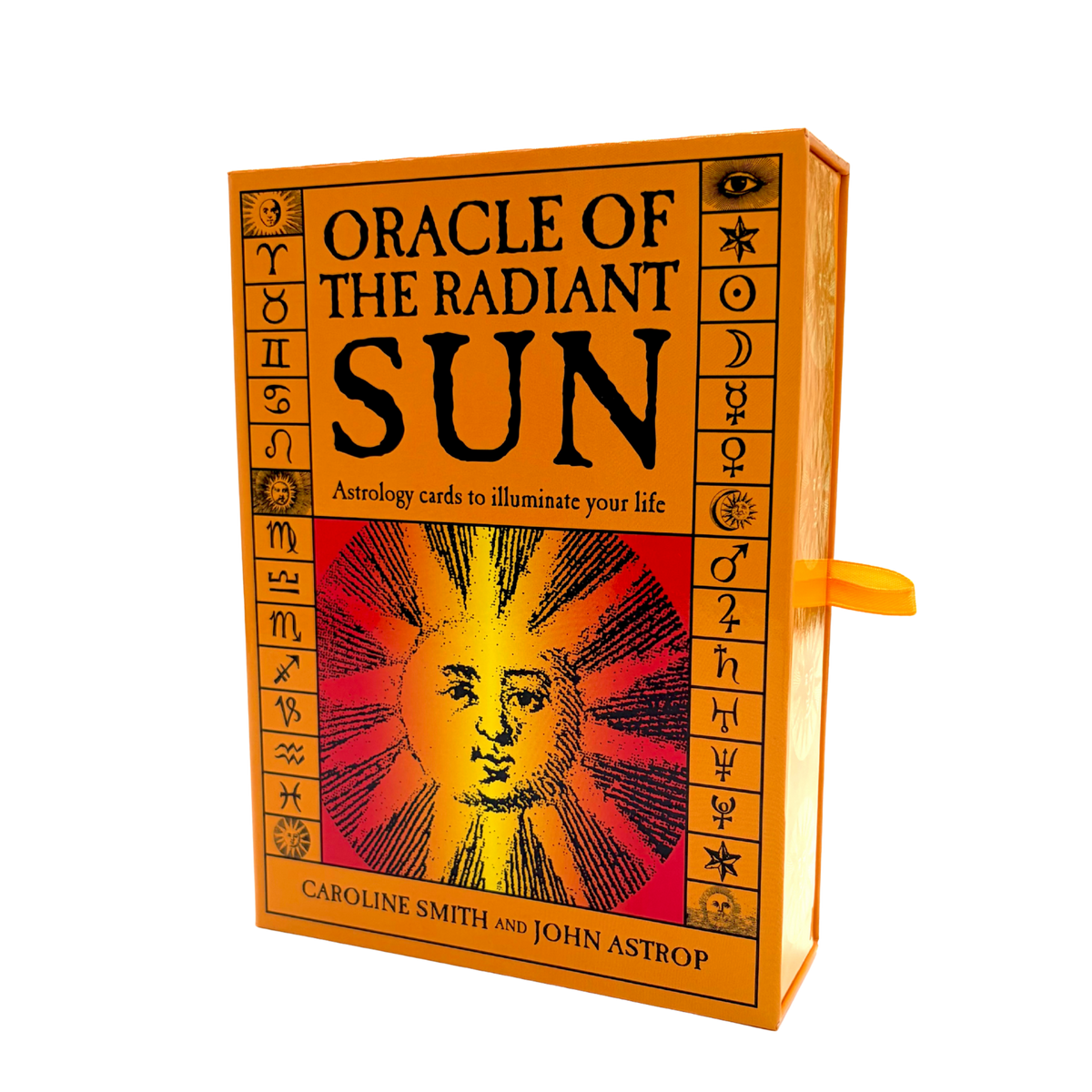 The Oracle of the Radiant Sun card deck box by Caroline Smith and John Astrop, featuring a golden-orange wooden box with black text and a central red and yellow sun illustration, shown on a plain white background.