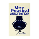 Book cover for 'Very Practical Meditation' by Serene West, featuring a cream background with bold blue title text and a glossy dark blue chair illustration.