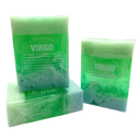 Handcrafted Soap with green light mint swirls. Labeled 'Virgo' and 'Overthinking Orange,'  and smells like making a list to make a list on a white background. 