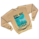 Beige sweatshirt with graphic design and text on a white background image features orcas chasing school of fish with Psychic Sister in big letters on top and bottom
