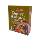 Queer Animal Oracle deck and guidebook box on a plain white background. The box is olive green with large white title text and colorful illustrated animals and stars on the front and side.