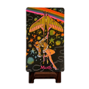 A rectangular black decorative sign or panel on a small dark wooden stand, featuring a colorful retro illustration of a moth and a large winged insect against a starry background, with the word 'Moth' in pink at the bottom.