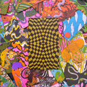 A rectangular card or paper with a brown and yellow checkerboard pattern is centered on top of a scattered pile of highly colorful illustrated cards featuring psychedelic, zebra, and abstract designs.