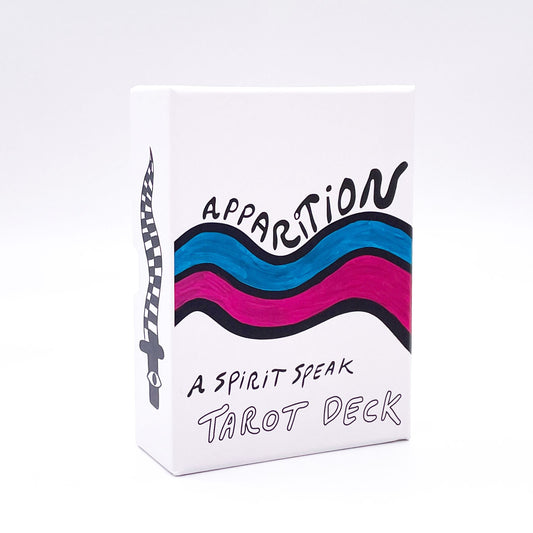 Apparition "A Spirit Speak Tarot Deck" Box. White Box with wavy blue and fuchsia lines and black hand drawn text. On one side there is a checkered wavy sword with an eye on the hilt.