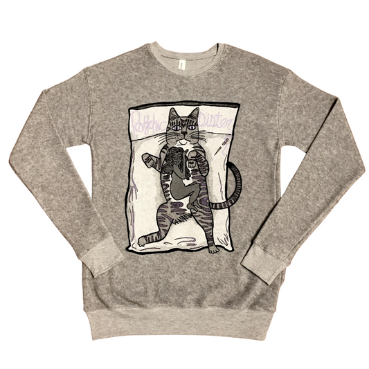 Light Gray fuzzy sweatshirt with Cat Cuddle design on the front featuring violet accents