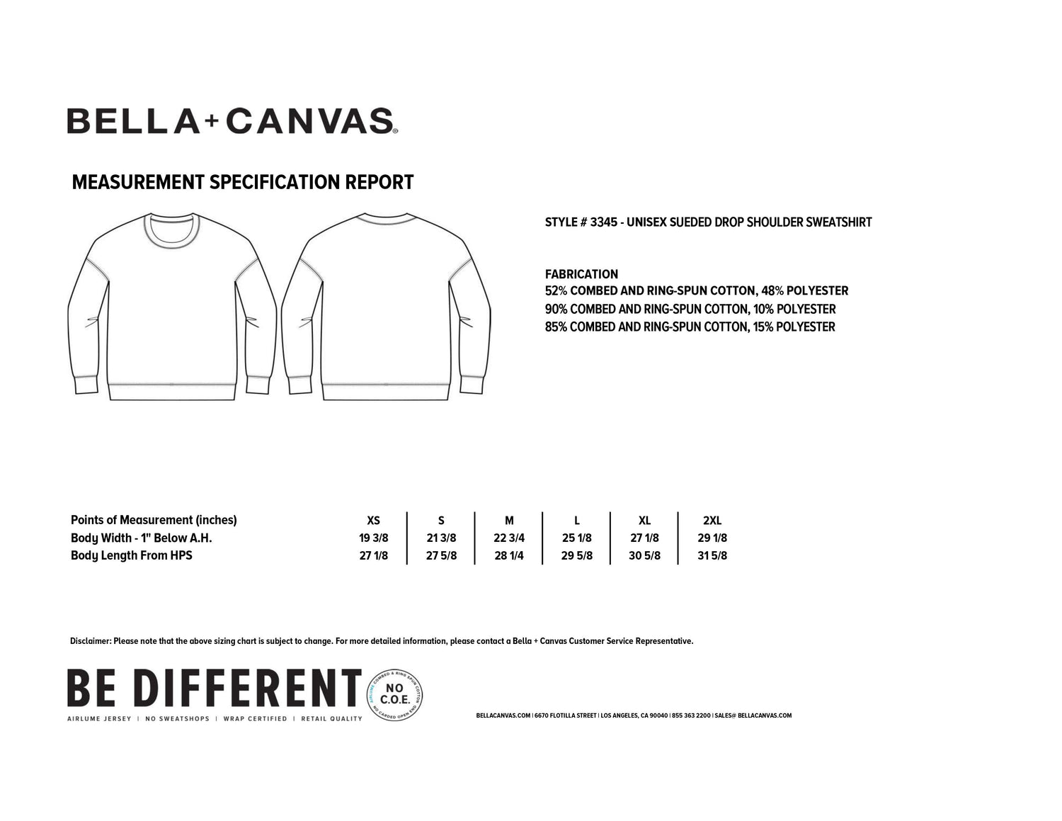 Sizing Spec Chart for Cat Cuddle Sweatshirts.