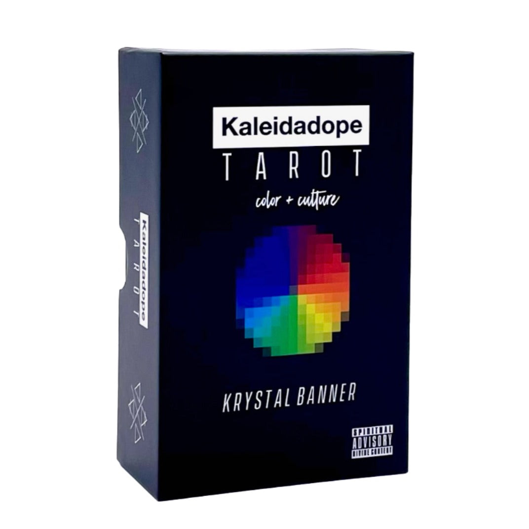 Box cover art of the Kaleidadope Tarot deck with collection of cards.