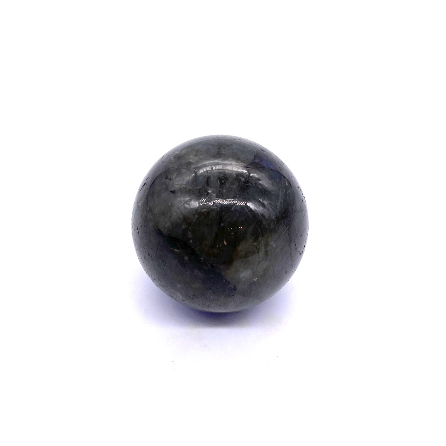 Small spherical labradorite stone--flashy blue and grey iridescent crystal.