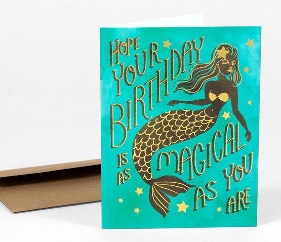 Greeting card with text "Hope your birthday is as magical as you are" with mermaid artwork.