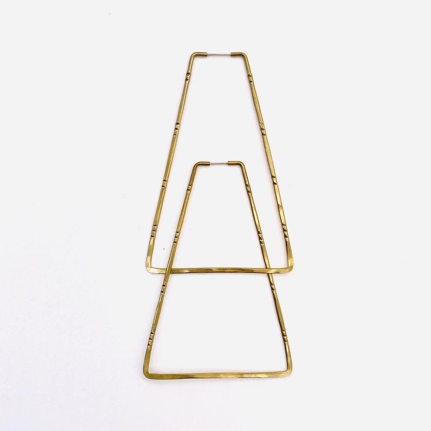 Brass geometric hoop earrings in bamboo triangle shape.