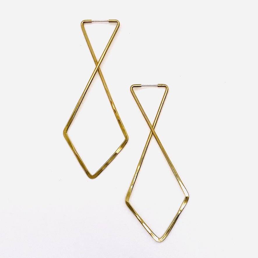 Brass geometric hoop earrings in cross shape.