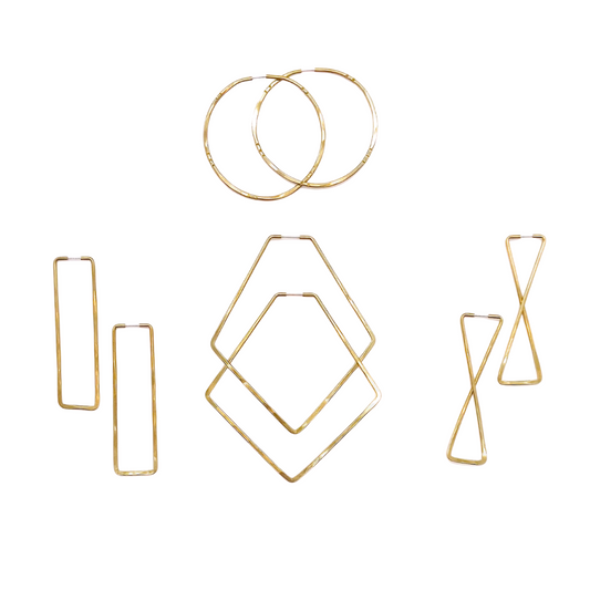 Brass geometric hoop earrings in various shapes.