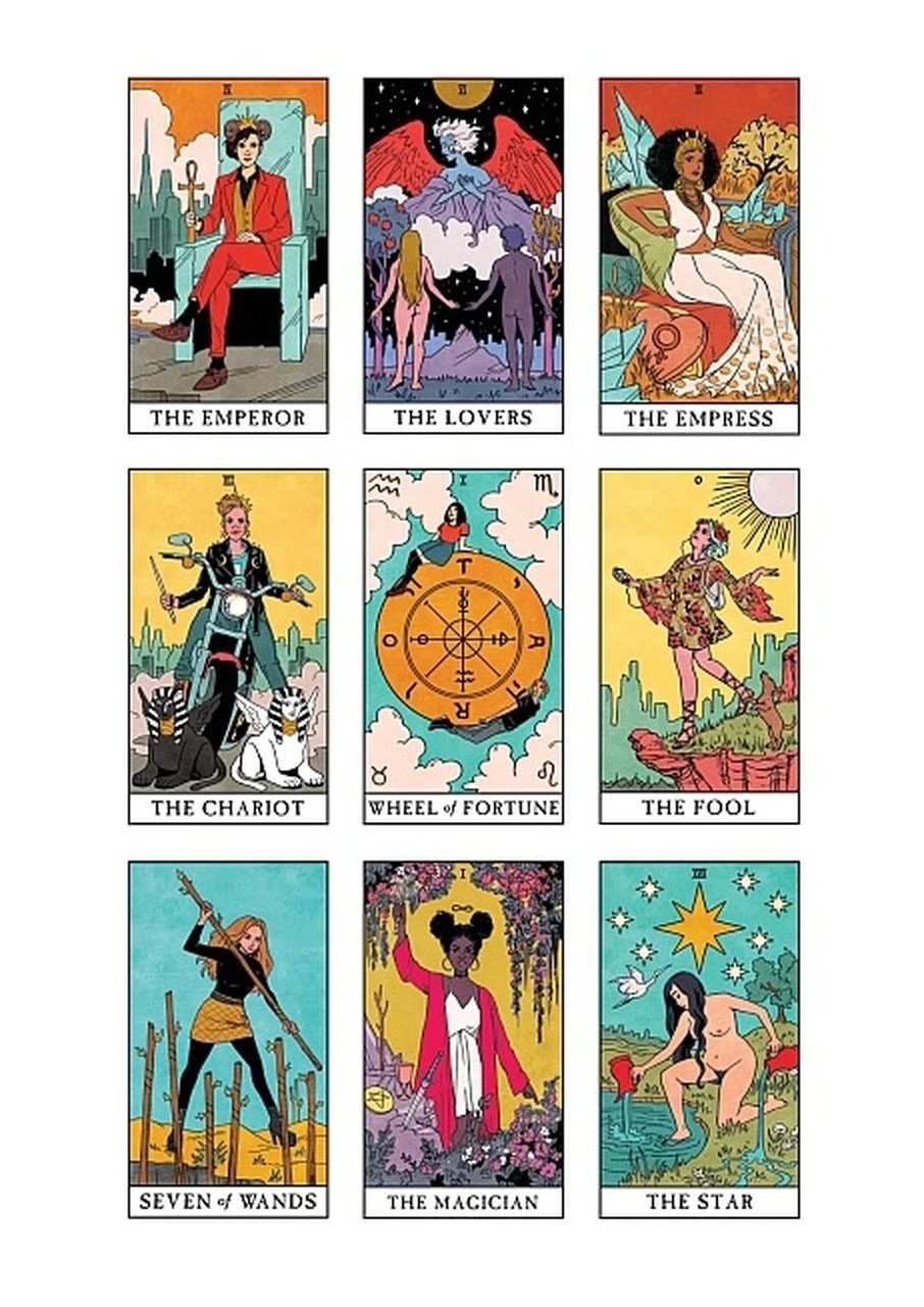 Modern Witch Tarot deck cards with inclusive representation artwork.