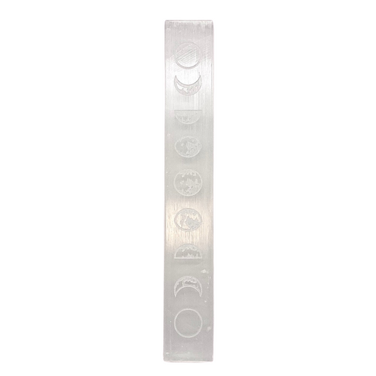 Selenite crystal bar with moon phases etching.