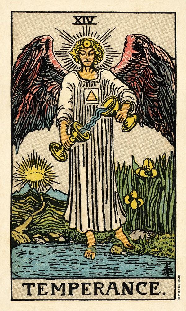 The Temperance tarot card from the Smith Waite Centennial Tarot deck.
