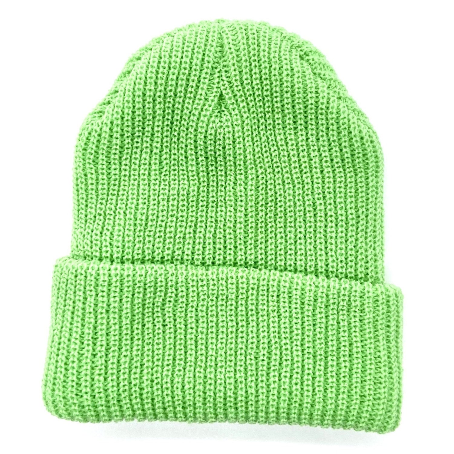 Stocking cap in lime green.