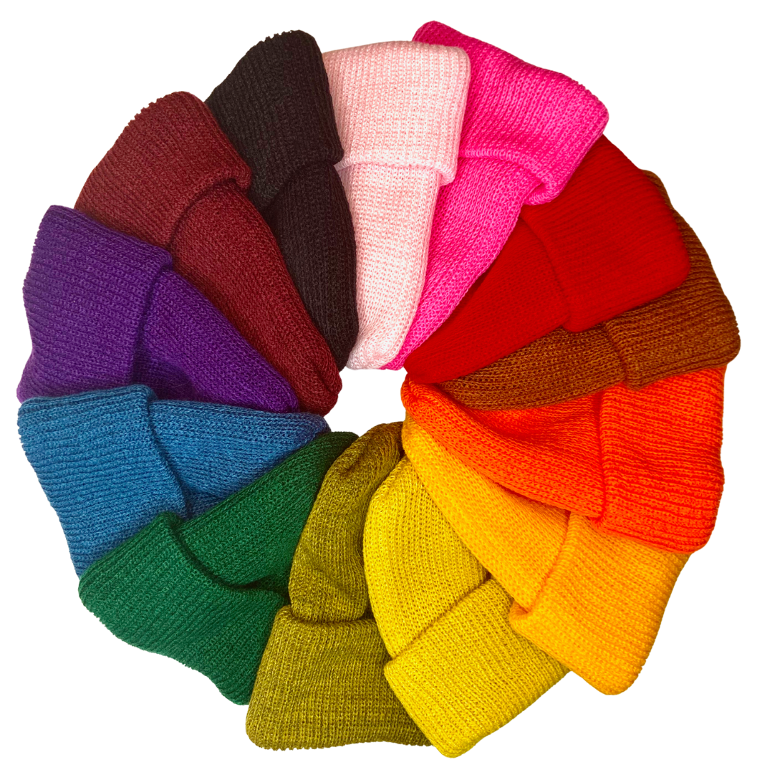 Collection of stocking caps in various colors.