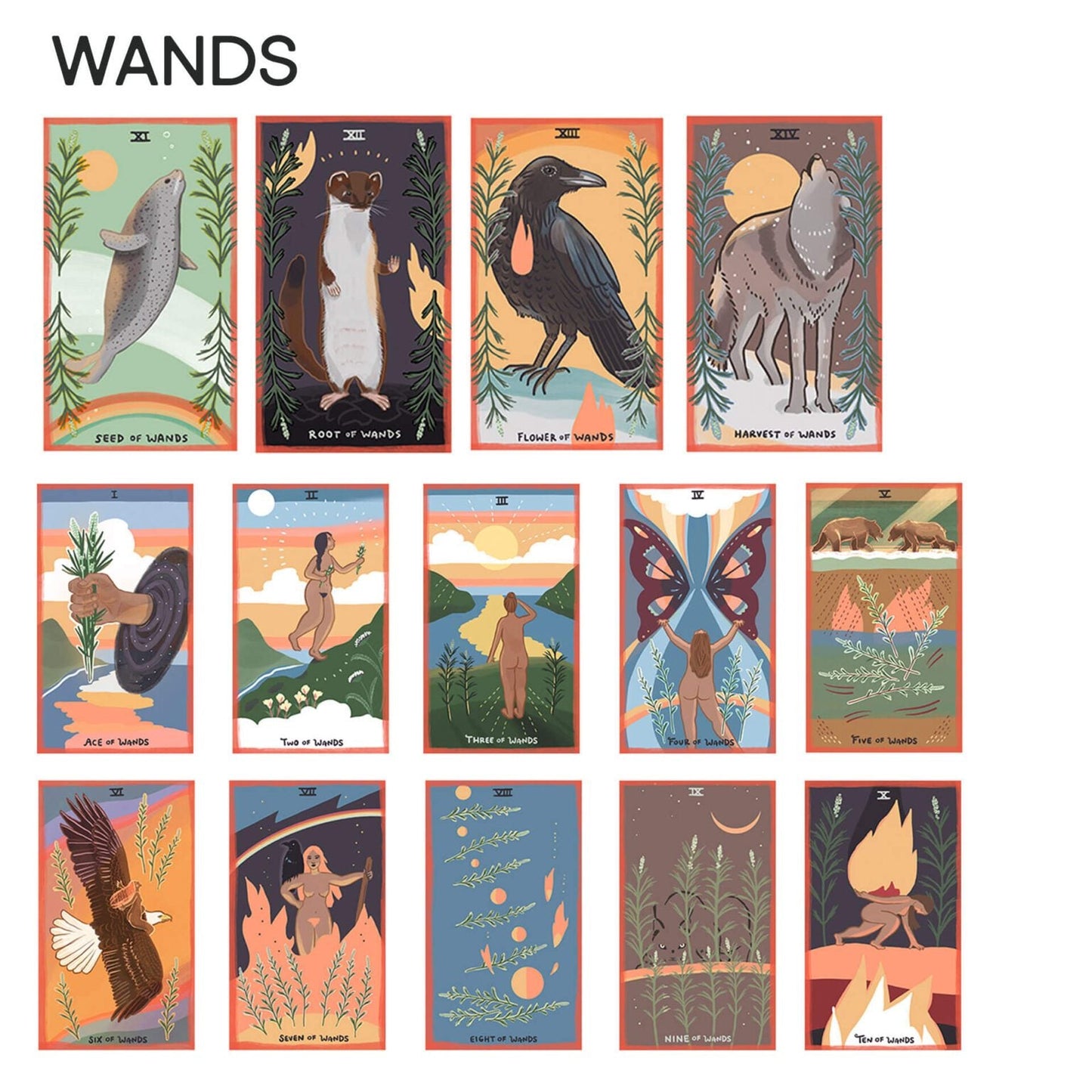 The Wands cards from the Gentle Tarot deck.